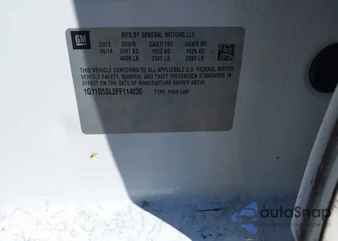 2015 Chevrolet Malibu 2Lt z USA, uszkodzony, nr VIN 1G11D5SL2FF114836